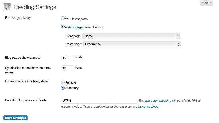 WordPress readings settings