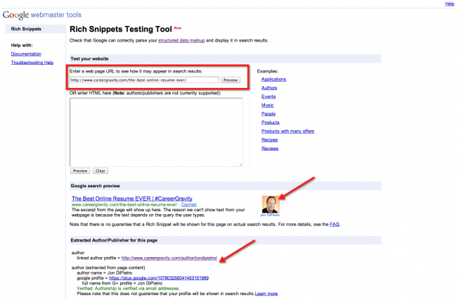 Google authorship rich snippets testing tool